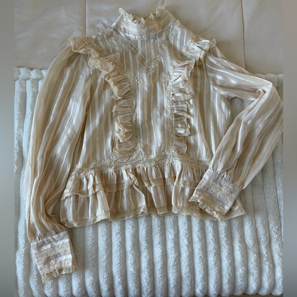 River Island Cream Striped Ruffle Blouse
